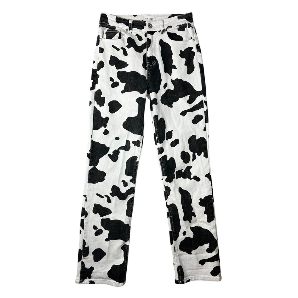 Blue Savvy Women's Cow Print High Rise Straight Jeans 3/26 Black & White Denim